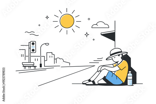 Extreme heat everyday life. Urban scene with a person resting in the shade, sun high above and empty streets suggested. Slowed pace of life