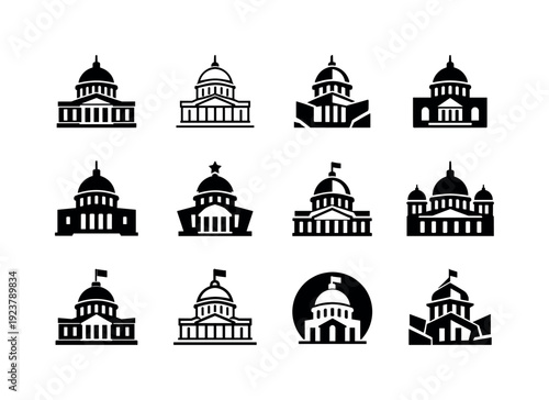 Constitutional Change Icons. Constitutional changes. Icon set. Set Logo of Constitutional changes: government building facade. harmonious logo variations of