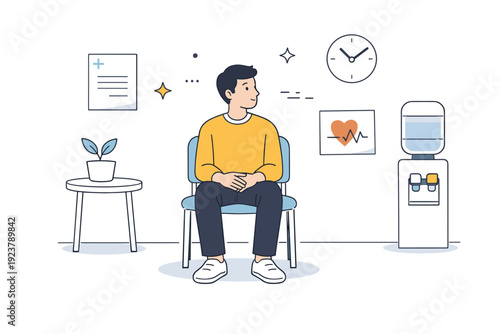 People waiting without phones. Character seated at a doctor?s office or lobby, observing surroundings with a calm posture, no phone in sight. Visual pause in