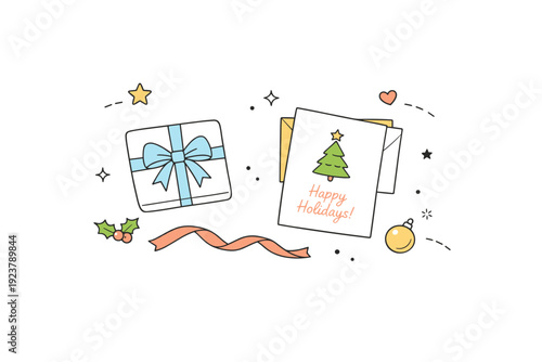 Holiday essentials flat lay. A simple top-view composition with gift box, card, ribbon, and small decorative elements. Calm festive