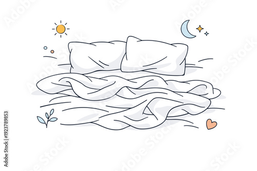 Wrinkled bedding impressions in the morning. Sheets are loosely folded with gentle dips and lines, pillows slightly pressed, capturing the calm aftermath of