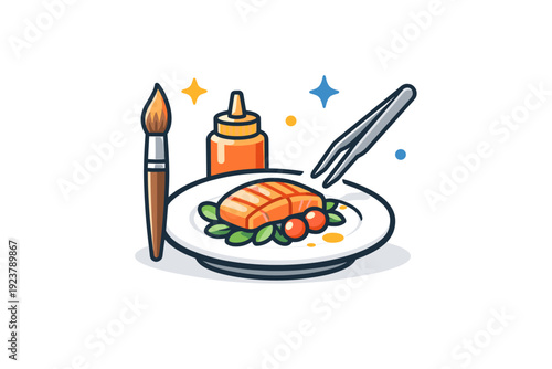 Food styling tools and techniques in action a small symbolic illustration combining brushes, tweezers and a perfect plate to communicate