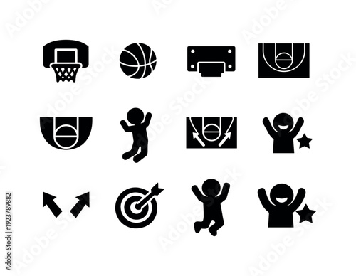 Mini basketball setup. Filled icon set of Mini basketball setup: small hoop, toy ball, wall