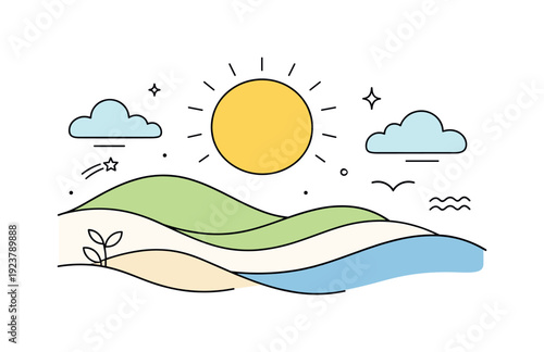 Calm nature backdrops. Abstract editorial artwork with symbolic sun, clouds, and flowing terrain shapes, simplified and friendly. Soft