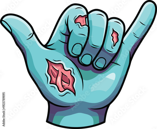 Zombie Hand Gesture Illustration, Creepy Blue Undead Shaka Sign with Wounds, Halloween Horror Cartoon Vector Isolated on White Background