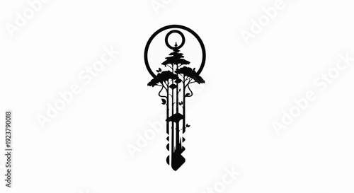 Mystical key with flourishing trees and celestial circle, symbolizing nature's secrets and growth.