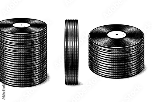 Dotted vinyl record stack shown as a single object presented in three views: front view, side view, and three-quarter view. Black and white dot style with