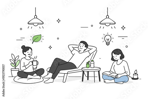 Evening sustainable ambiance. People relaxing under soft energy-efficient lighting with subtle floating leaf and glow icons, calm and mindful