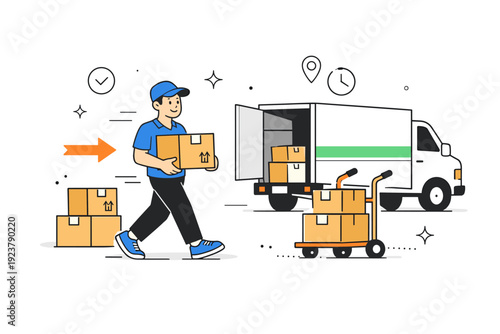 Delivery driver on duty. A transport worker loads or unloads cargo beside a truck, moving steadily and confidently. Friendly editorial scene