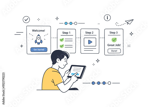 User onboarding. Simple onboarding moment with a person following step-by-step screens on a tablet. Clear guidance, learning flow, checkmarks