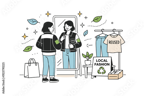 local circular fashion browsing. A customer trying on an upcycled jacket in front of a mirror at a pop-up, abstract stars and floating leaves highlighting