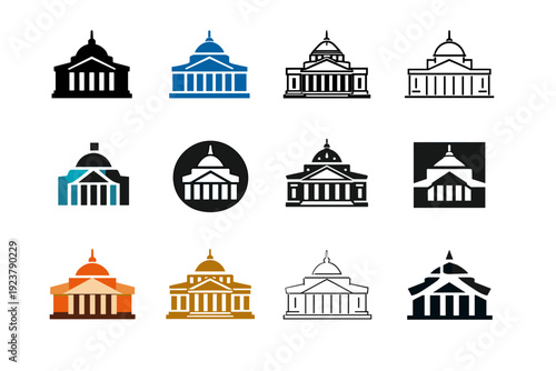 The history of democracy and political systems. Icon set. Set Logo of The history of democracy and political systems: classical parliament building. harmonious