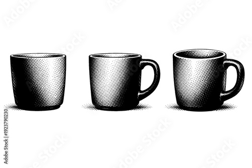 Coffee cup ceramic mug side profile with handle and rim proportions clearly defined shown from left, right, and slight angled side views.