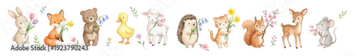 Watercolor spring animals clipart: bunny, fox, bear, duck, lamb, deer, mouse. Collection of Vector illustrations. Perfect for invitation, card, poster, banner, decoration 
