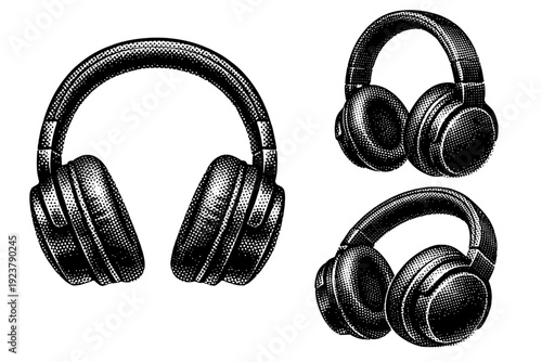 Over-Ear Headphone Trio. Over-ear headphones An over-ear headphone depicted in three views with large circular ear cups, smooth headband arc, and balanced