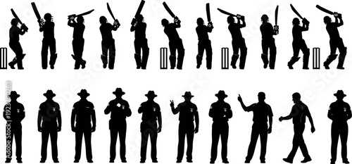 Cricket player silhouette collection showing batting actions and umpire poses, professional sports illustration set, black vector figures isolated on white background