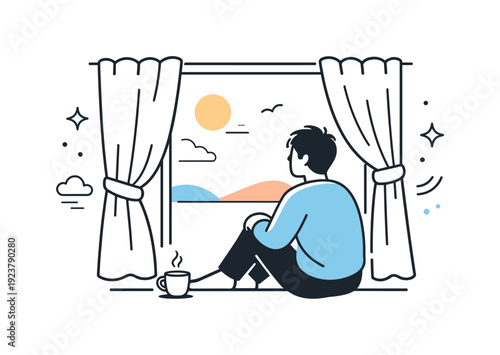 Curtains half open. Person sitting near a window with curtains slightly parted, gazing outside in quiet reflection. Calm morning or late