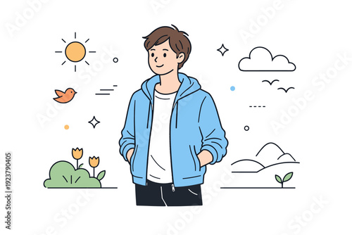 Light jackets season transition. A person wearing a light jacket unzipped, sleeves slightly pushed up, standing comfortably outdoors. The scene reflects mild