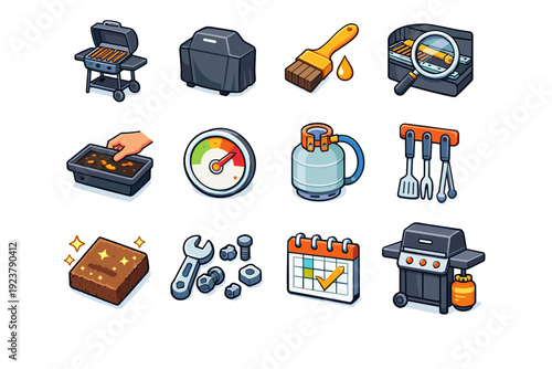 BBQ Maintenance. Colorful isometric vector icons set of BBQ Maintenance: barbecue grill, grill cover, oiling brush, burner inspection, drip tray cleaning,