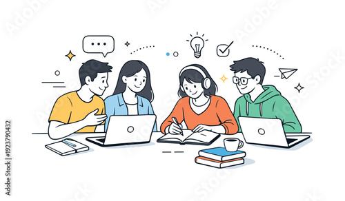 University students teamwork. A small group of students collaborates around a table with laptops and notebooks open. Focused study mood with