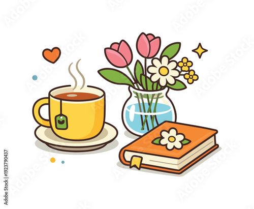 Cozy Spring Atmosphere. Spring lifestyle concept cozy home atmosphere with flowers, warm tea, and soft daylight, conveying calm living, self care, and spring