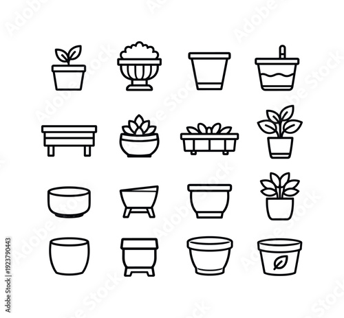 Plant Pots. Line icon set of Plant Pots: indoor plant pot, outdoor plant pot, nursery pot, self watering pot, raised planter pot, tabletop