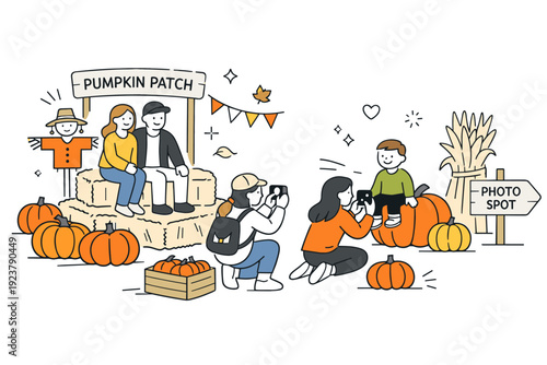 Going to a pumpkin patch. A relaxed moment of people taking photos among pumpkins and simple autumn decorations. The illustration captures