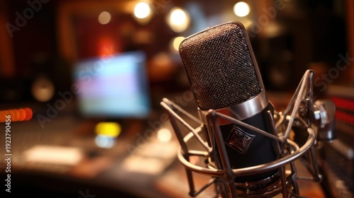 Professional studio microphone on a sound mixing console with blurred background of audio equipment and colorful LED lights in a recording studio environment