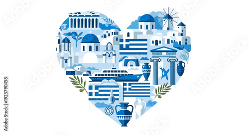Captivating heart-shaped illustration filled with iconic Greek architecture, ancient symbols, and vibrant travel elements, celebrating Hellenic culture