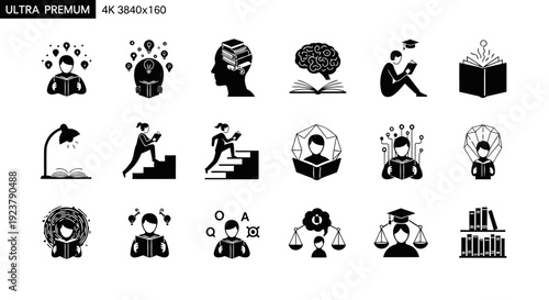 Abstract black silhouette icons depicting book lovers and reading-focused individuals through original symbolic forms. This 12-icon set emphasizes intellectual curiosity, imagination, and lifelong 