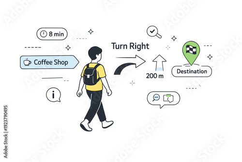 AR navigation and assistance. A person follows abstract arrows, labels, and symbols overlaid onto a minimal landscape or interior scene. The mood is calm,