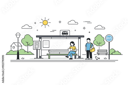 Quiet bus stops. Wide view of a quiet bus stop at the edge of a park or residential street, nature and architecture blending softly. Integration of routine and