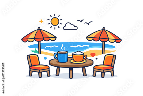 Beachside cafe cozy outdoor setting with coffee cups, umbrellas and gentle waves in the background, conveying calm enjoyment and summer atmosphere. Minimalist