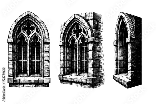 Window architectural detail gothic arched stone window with deep recess, mullions, and pointed arch, shown as front view, angled view, and