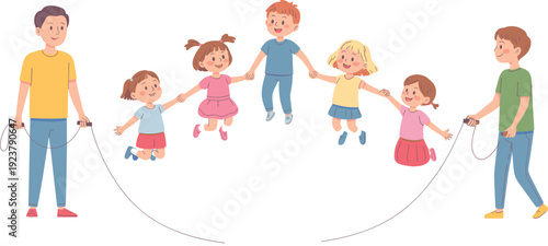 Happy children playing jump rope together, teamwork and friendship, outdoor activity, fun exercise, healthy lifestyle, group play, colorful illustration