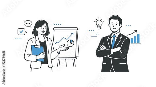 Executive Minimalist Illustration. Executive character scene. Confident and composed professionals in leadership or presentation roles. Minimal illustration