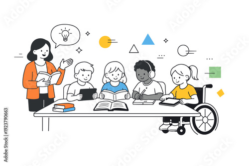 Inclusive education for students with disabilities. A teacher calmly explains a lesson while students with different abilities learn together