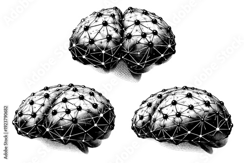 Neural network geometric brain-like structure. Black and white dot style with halftone texture and high contrast. Halftone texture with