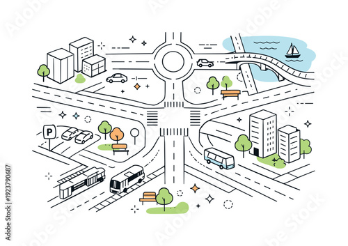 City infrastructure from above. A top-down illustration of roads, intersections, and buildings, emphasizing planning and connectivity.