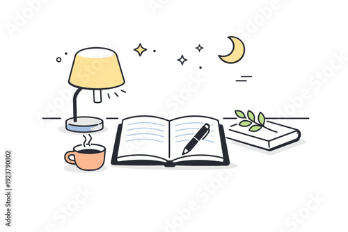 Daily journaling aesthetics. A quiet evening journaling scene with a lamp, notebook and pen, gentle shadows and a sense of closure at the end of the day.