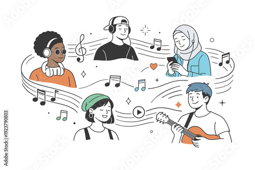 Music as identity. A calm editorial composition showing different youths connected by floating musical notes and symbols. The illustration