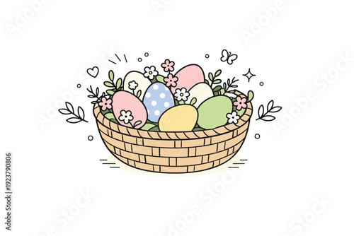 Easter natural basket styling. Minimal flat-lay of woven basket filled with pastel eggs, small flowers, and greenery, arranged organically. Calm, fresh, and