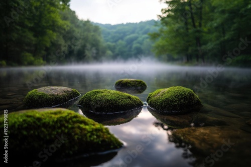 Tranquil forest pond with moss covered stones emerging from calm water, surrounded by lush green trees and mist rising in background, evoking peaceful nature serenity