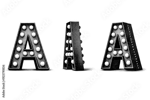Theatre marquee letter capital letter A marquee sign shown as a single object from three different angles: front view, side view, and three-quarter view. Black