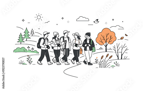 Seasonal outdoor photography meetups. Wide scene of photographers walking together between shooting spots, seasonal landscape framing the