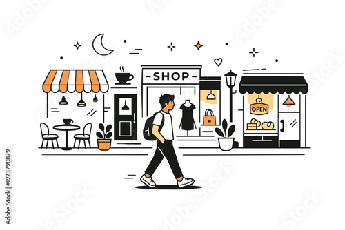 Evening city walks in warm light. Individual walking past cafes and storefronts, warm lights creating a cozy street mood. Relaxed end-of-day