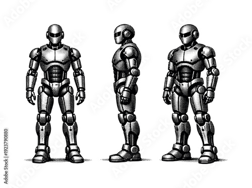 Robot-style character model with mechanical joints and solid torso shown from front view, side view, and three-quarter view as a single
