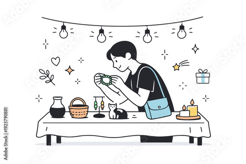 Night markets browsing. Person examining handmade items on a small table with soft lights above. Mindful shopping and appreciation of details. Minimalist flat