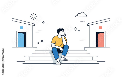 People framed by architecture. A person sitting on steps between symmetrical walls, relaxed posture and thoughtful pause. Calm