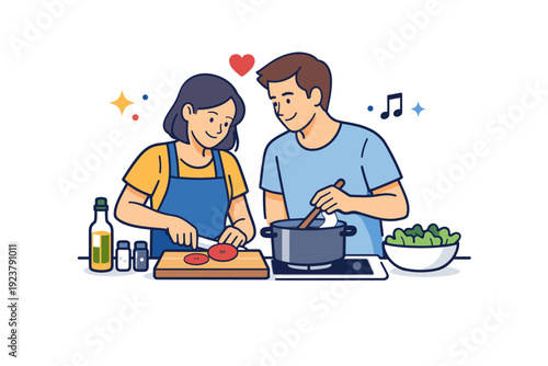 Cooking Together Bliss. Couple cooking together turning an everyday kitchen task into a lighthearted and meaningful experience. A calm editorial-style scene